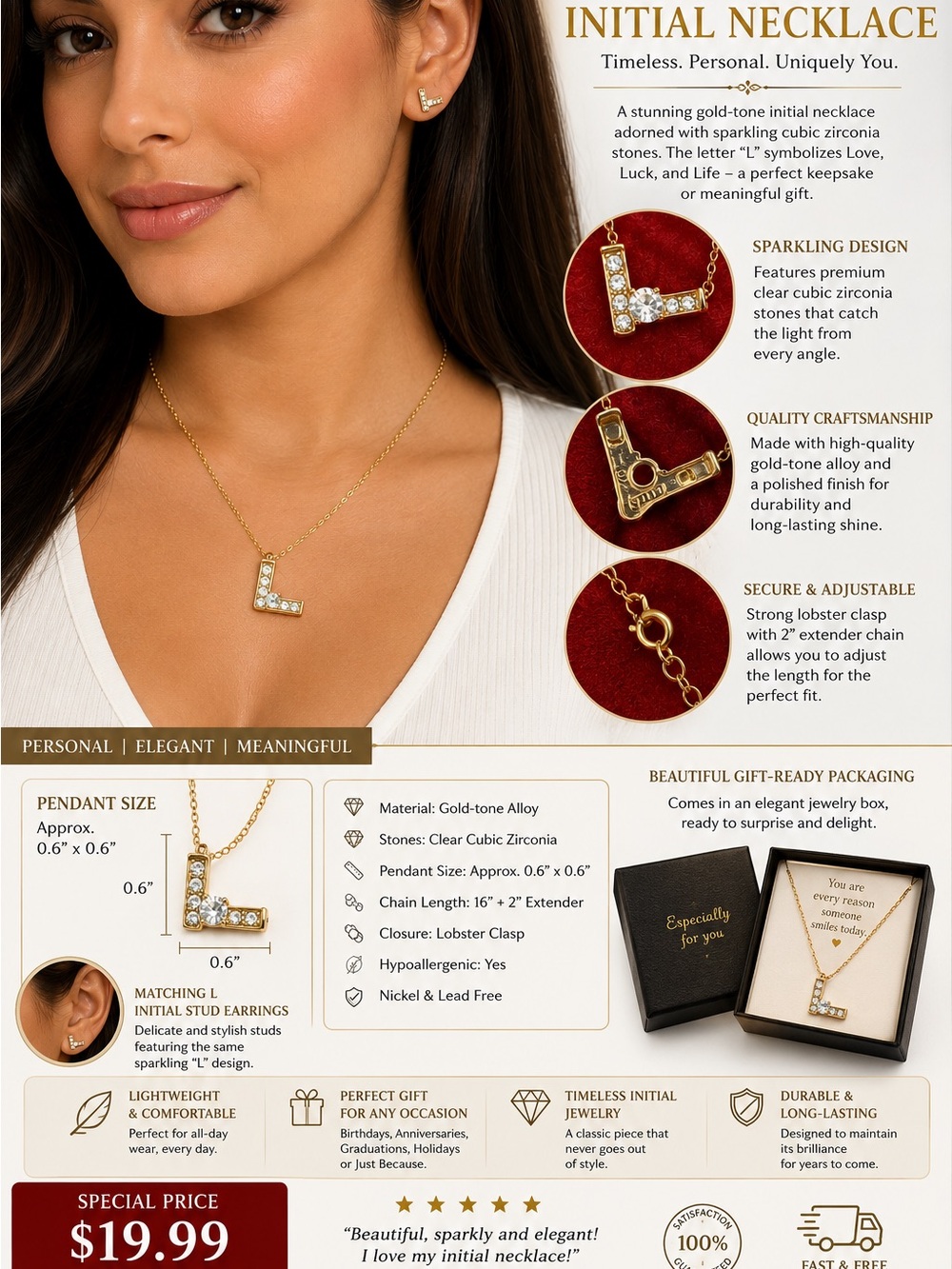 Gold Initial L Necklace - L Initial Necklace with Clear Cubic Zirconia